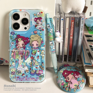 RUKAWAZx鸟鸟一联名原创双层夏日金鱼花火可爱动漫日系适用于iPhone苹果17/promax/16/15大孔imd手机壳