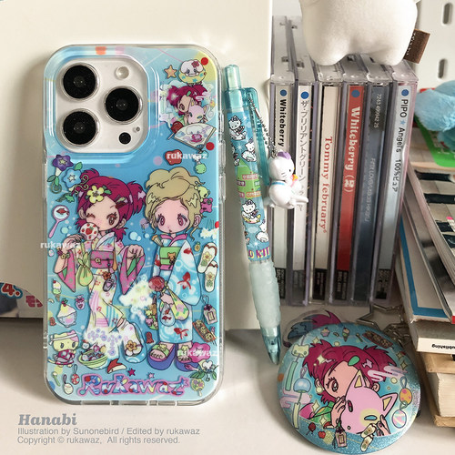 RUKAWAZx鸟鸟一联名原创双层夏日金鱼花火可爱动漫日系适用于iPhone苹果17/promax/16/15大孔imd手机壳