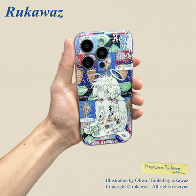 RUKAWAZxOliwa奥莉蛙联名原创可爱动漫复古颜文字天使适用于iPhone苹果15/promax/14/13精孔双层imd手机壳