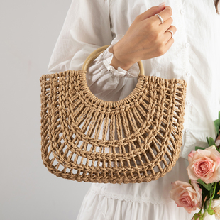 春季 编织手提包女2026新款 百搭大容量镂空草编菜篮包 复古时尚 法式