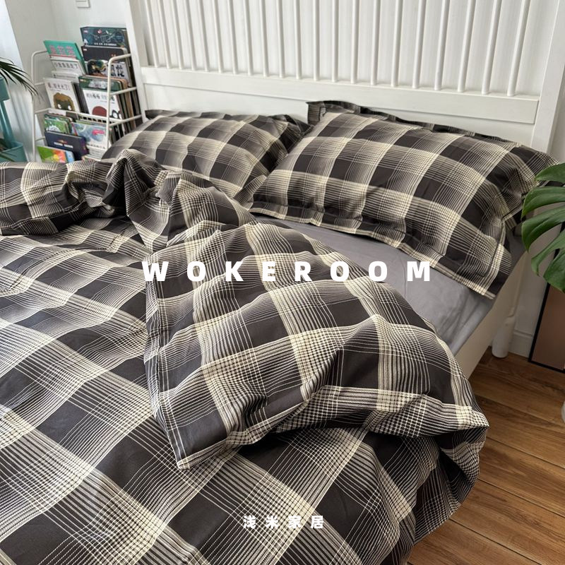 北欧中性冷淡风纯棉四件套 男生黑白格子被套宿舍床品套件1.5床笠