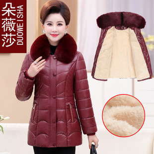中年妈妈女冬装皮棉衣加绒加厚50岁60皮棉袄中老年人冬季保暖外套