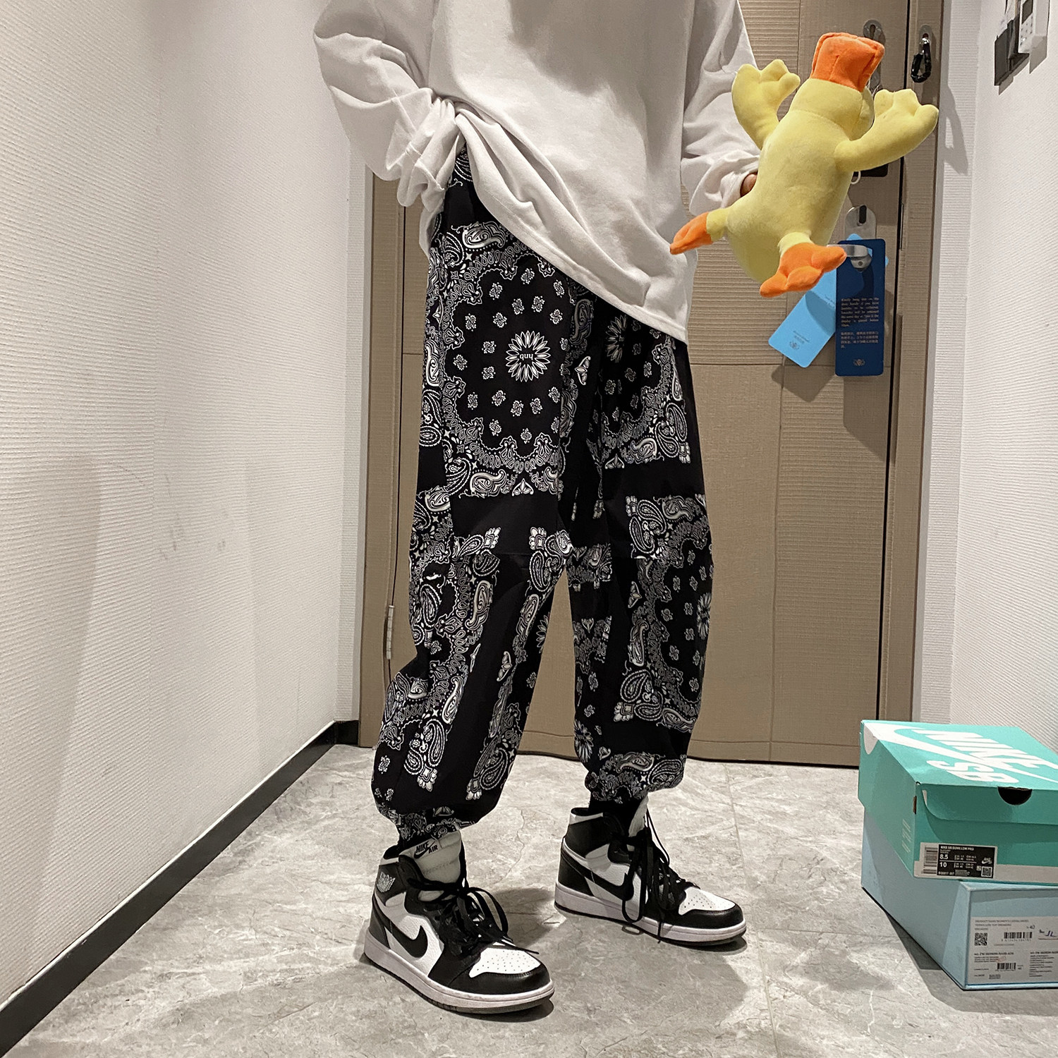 港风模特大码色男士印花裤腰果大黑色贴港风DSA012k234p45,男装休闲裤,星座415A（原A012）