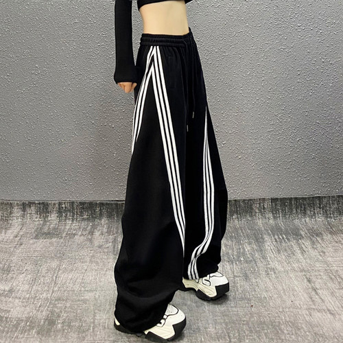 美式条纹拼色宽松休闲弯刀裤女