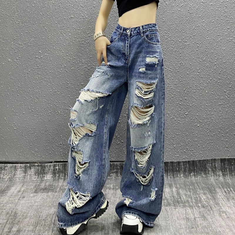 潮牌破洞水洗休闲牛仔裤女夏新款洋气高腰宽松显瘦百搭直筒阔腿裤,女装/女士精品,牛仔裤,淘宝优惠券,粉丝福利购,淘宝优惠卷