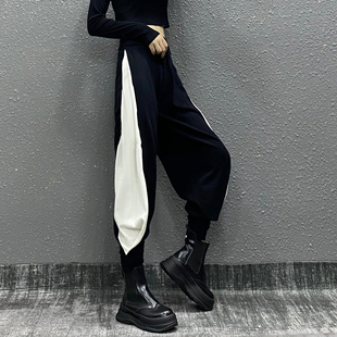 高腰宽松显瘦百搭束脚休闲灯笼裤 女新款 裤 黑白配帅气拼色针织工装