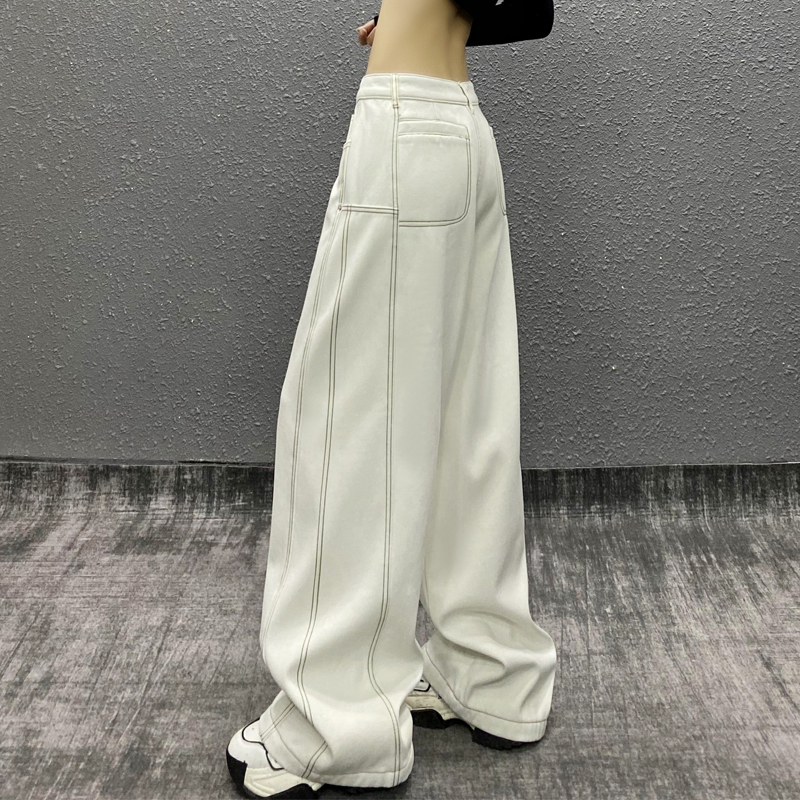 明线拼接装饰垂感加绒牛仔裤女冬新款高腰宽松显瘦百搭直筒阔腿裤