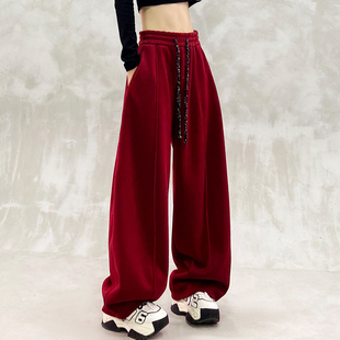 高腰宽松显瘦百搭直筒香蕉裤 女冬新款 抽绳设计加绒休闲弯刀裤 个性