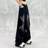 高腰宽松显瘦百搭直筒阔腿裤 帅气镂空设计黑色破洞牛仔裤 女夏新款