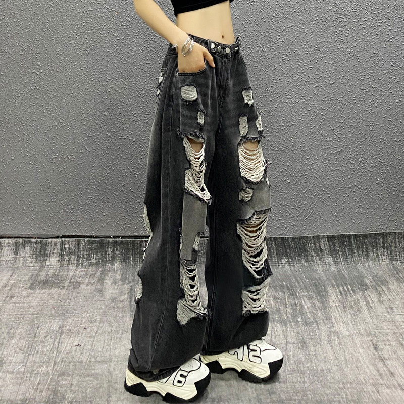 炫酷帅气前后破洞休闲牛仔裤女夏新款高腰宽松显瘦百搭直筒阔腿裤