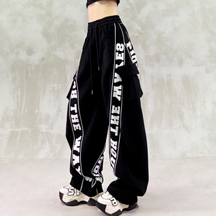 拼色字母装 高腰宽松显瘦百搭弯刀裤 饰工装 女秋新款 休闲裤 帅气美式