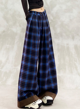蓝色格子垂感卷边设计加绒休闲裤女冬新款高腰宽松显瘦百搭阔腿裤