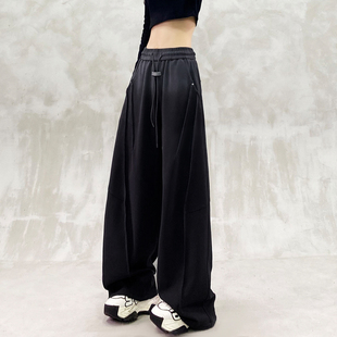 高腰宽松显瘦百搭直筒阔腿裤 帅气侧边褶纹拼接运动休闲裤 女秋新款