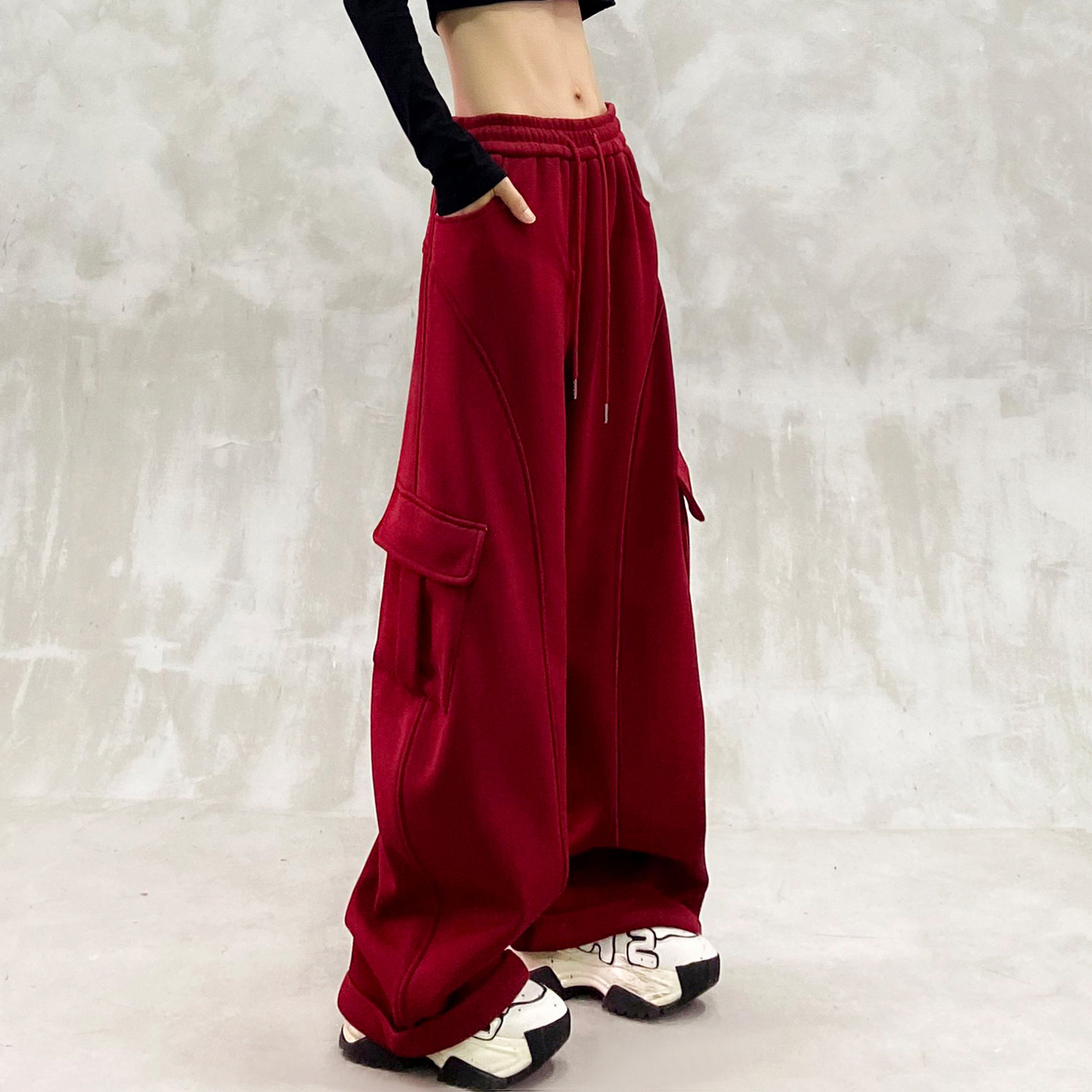 侧边口袋设计加绒加厚休闲弯刀裤