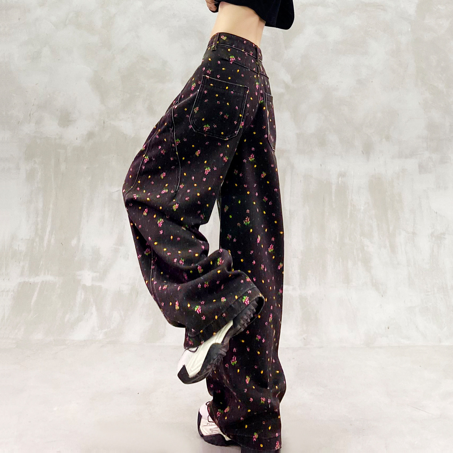 印花设计抓绒垂感休闲牛仔裤女