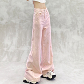 高腰宽松显瘦百搭直筒阔腿拖地裤 女春新款 饰休闲牛仔裤 花朵提花装