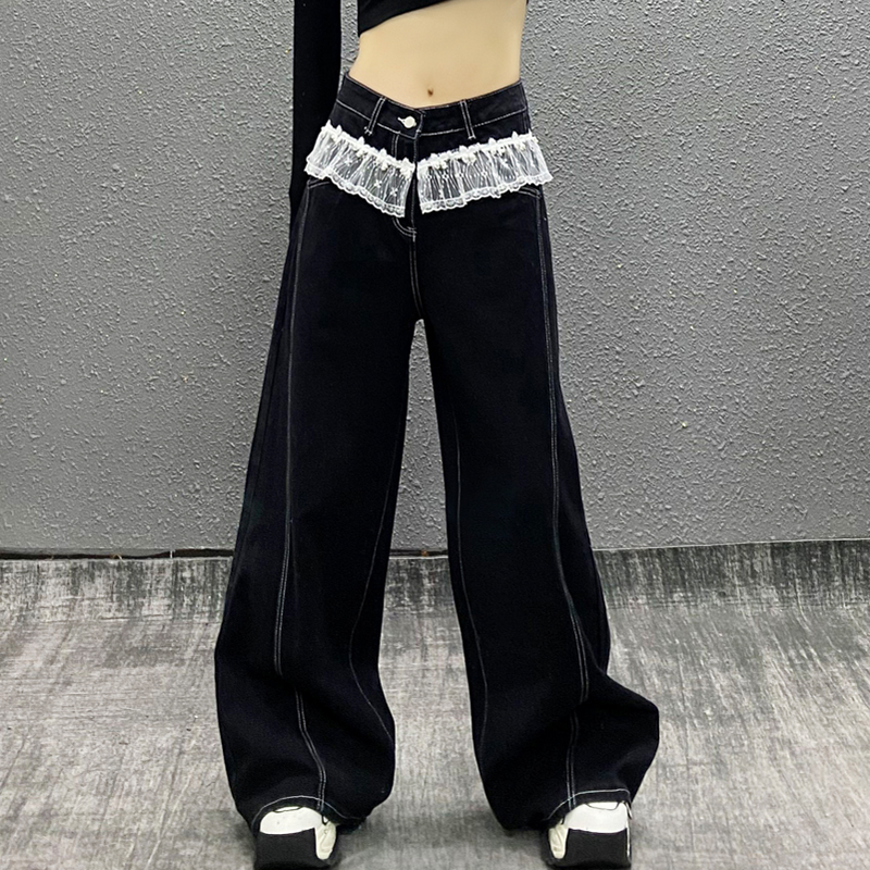 个性蕾丝拼接明线装饰牛仔裤女秋新款高腰宽松显瘦百搭直筒阔腿裤