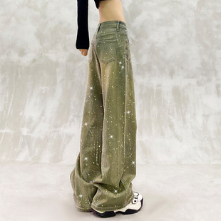 高腰宽松显瘦百搭直筒裤 闪亮烫钻满天星做旧色休闲牛仔裤 女秋新款