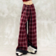 高腰宽松显瘦百搭直筒阔腿裤 洋气拼色格纹设计加绒休闲裤 女冬新款