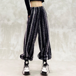 高腰宽松显瘦百搭束脚休闲裤 女冬新款 拼色条纹设计加厚休闲裤 个性