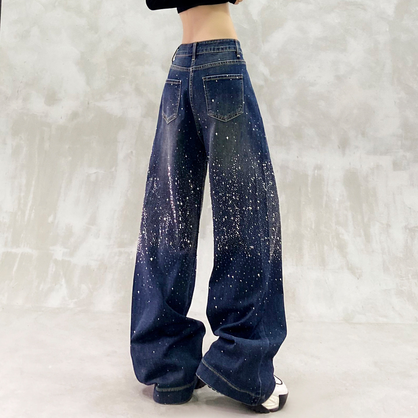 烫钻设计感复古蓝休闲牛仔裤女