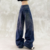 高腰宽松显瘦百搭直筒阔腿裤 烫钻设计感复古蓝休闲牛仔裤 女春新款