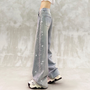 高腰宽松显瘦百搭直筒阔腿裤 个性 女春新款 饰休闲牛仔裤 侧边烫钻装