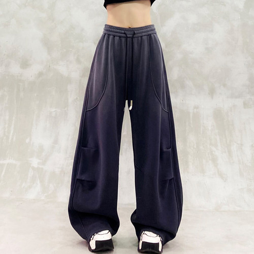 褶纹拼接设计加绒休闲弯刀裤女