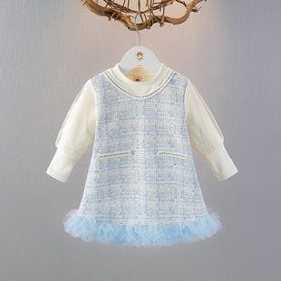 女童春装连衣裙1-2-3岁女宝宝长袖公主裙春秋季小童洋气格子裙子