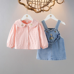 女童牛仔背带裙春装两件套1-2-3岁女宝宝洋气小童洋气公主裙套装