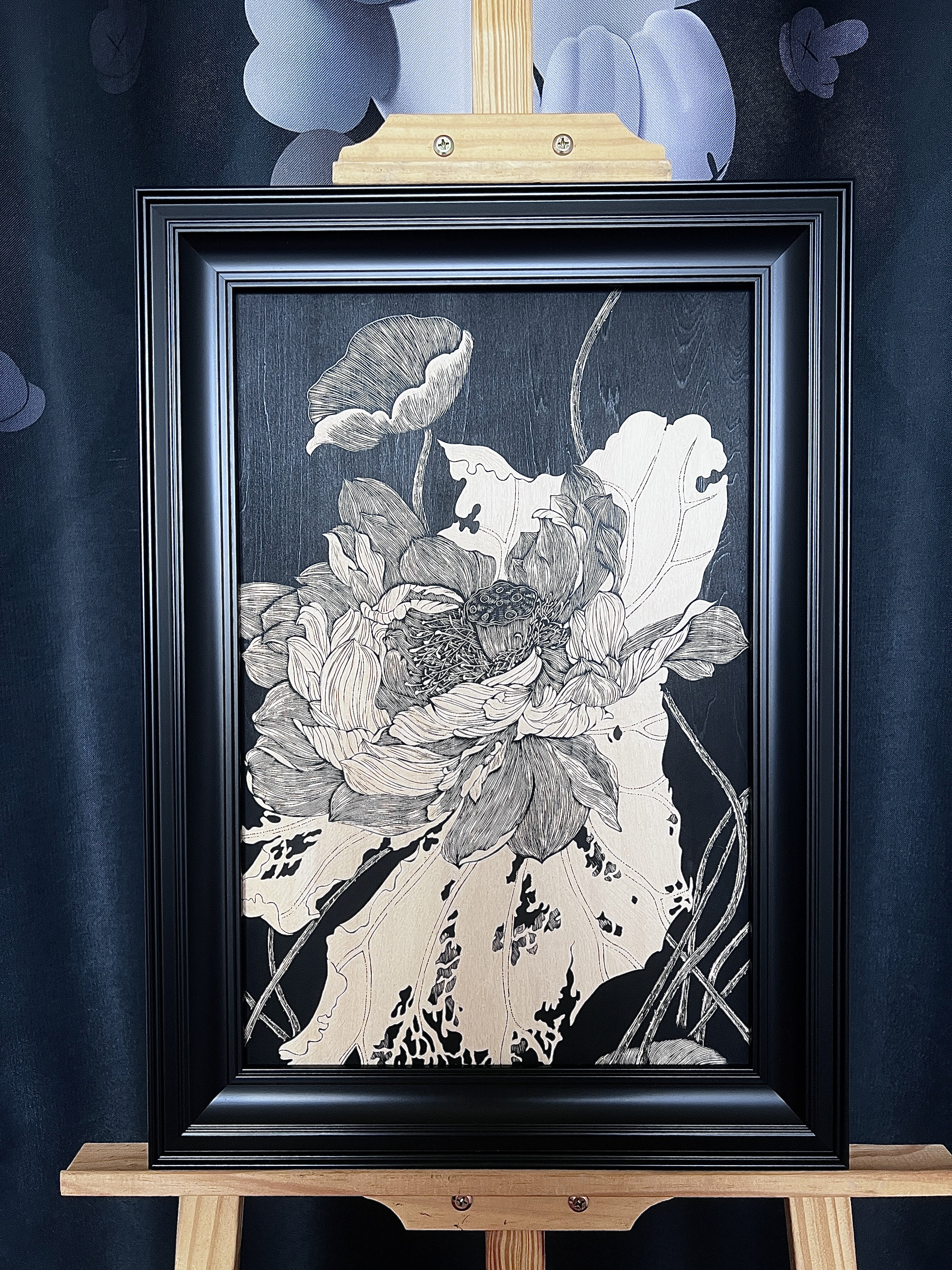 手工木刻版画 装饰画 荷花