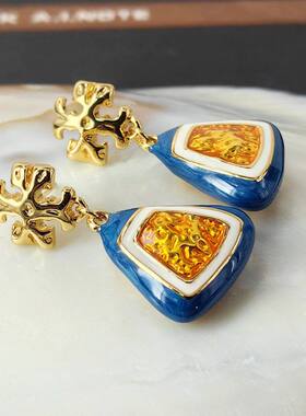 欧美法式复古蓝色滴釉珐琅耳钉小提包耳饰925银针中古vintage耳环