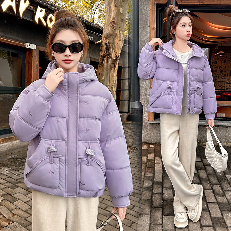 冬季新款棉衣短款甜美面包蝴蝶结保暖连帽棉服宽松加厚小个子外套