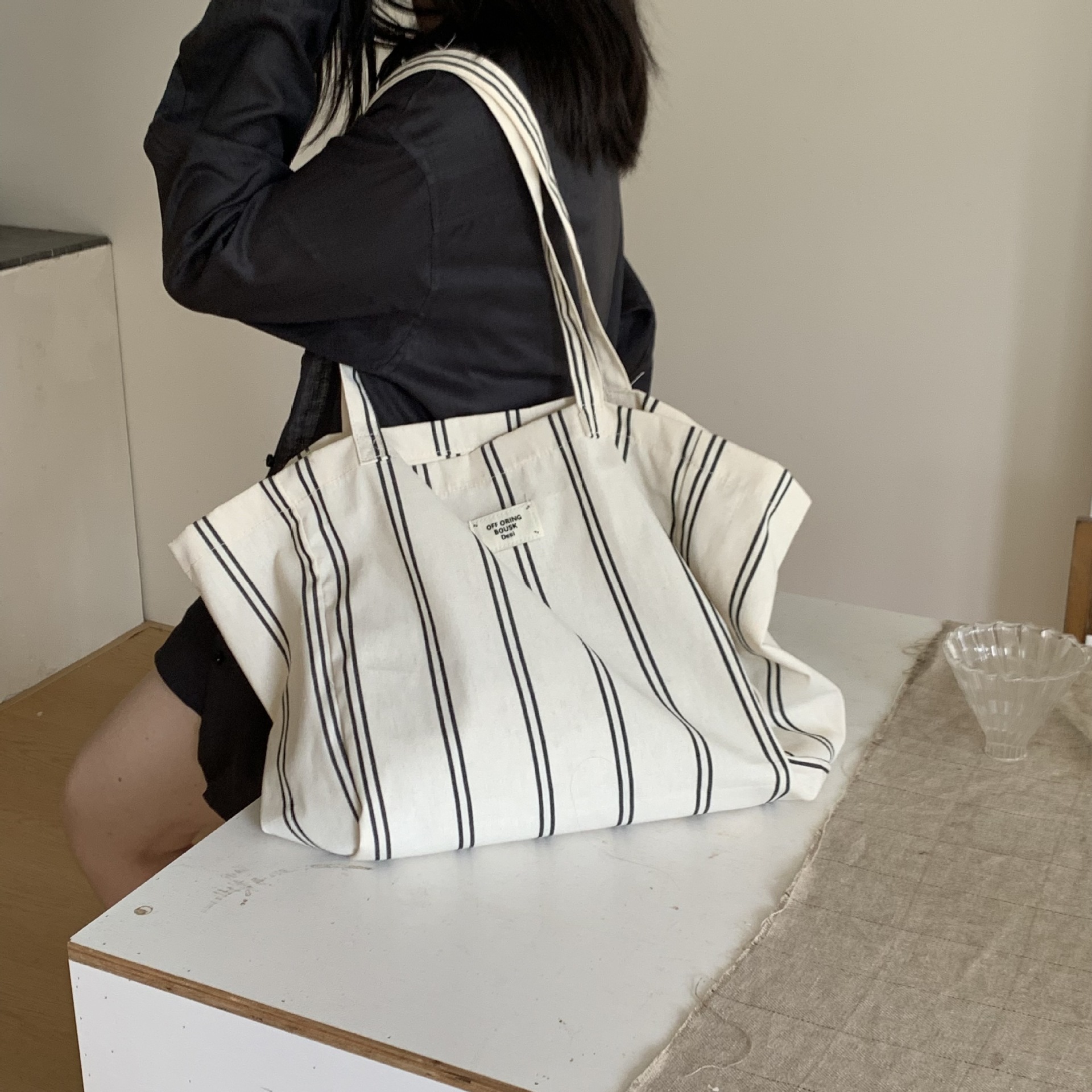 日系条纹简约百搭帆布单肩女包潮