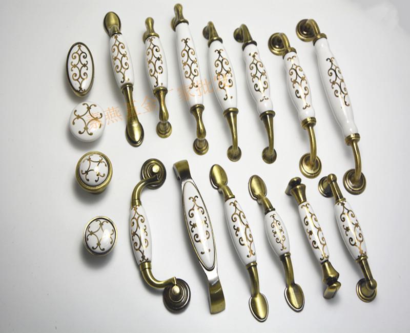 鹰盾大金花青古欧式橱柜衣柜门拉手田园抽屉家具仿古五金陶瓷把手
