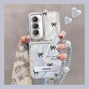 适用opporeno9羽纱手机壳vivos19黑色蝴蝶结支架链条小米14镜头膜