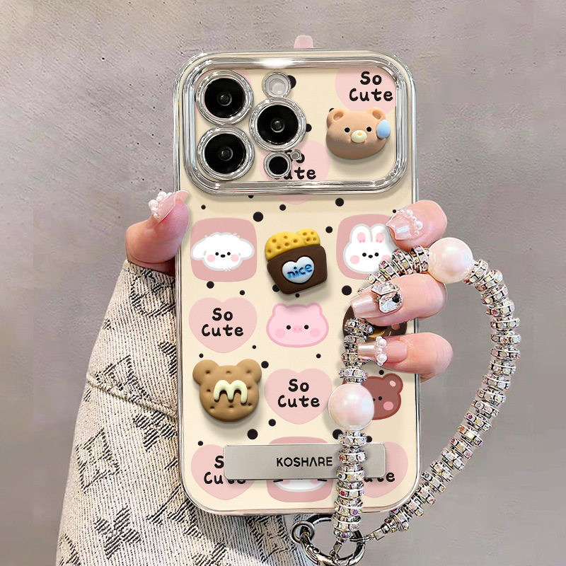 适用苹果15手机壳iPhone14pro小熊甜品手链支架13电镀6D视窗X防摔