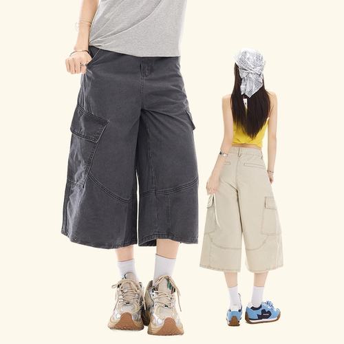 夏季工装多袋高腰显瘦七分牛仔裤