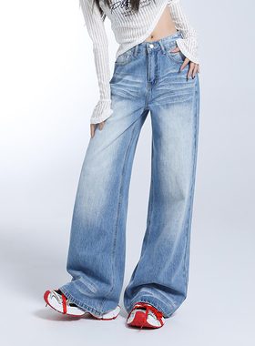 赛小懒2025秋新款复古水洗牛仔裤女宽松百搭蓝色阔腿裤休闲学生裤