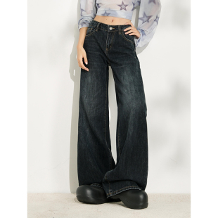 复古宽松长裤 赛小懒2025秋季 女深色学生复古牛仔裤 休闲裤 子 基础款