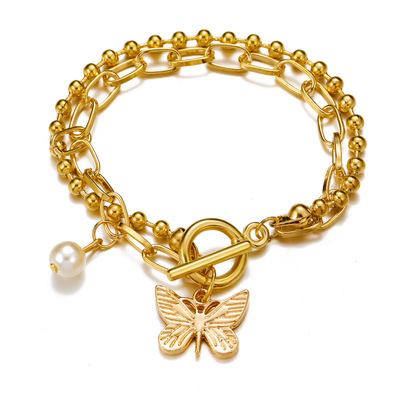 bracelet women Chain 蝴蝶吊坠双层圆珠炼手炼珍珠金色炼条手炼