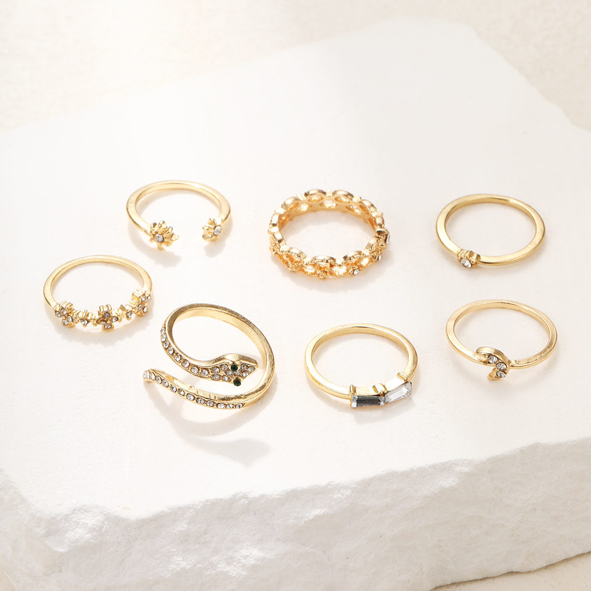 RING SET 7 PIECES STARS MOON DIAMOND-SET RINGS VINTAGE SERPENTINE JOINT RINGS 7-PIECE SET SET