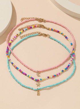 3-piece necklace set彩色米珠锁骨链短款糖果色星月吊坠项链3件