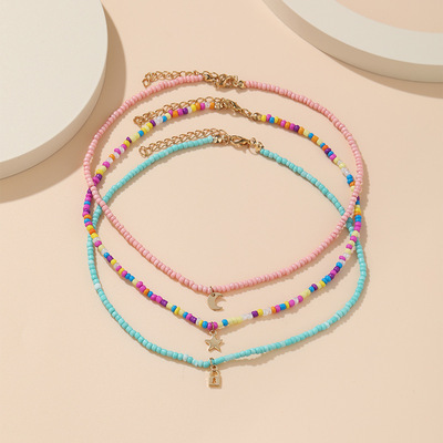 3-piece necklace set彩色米珠锁骨炼短款糖果色星月吊坠项炼3件