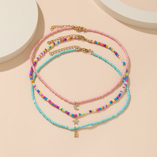3-piece necklace set彩色米珠锁骨炼短款糖果色星月吊坠项炼3件