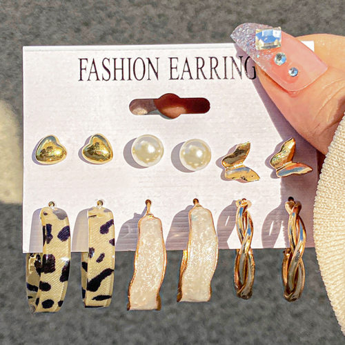 Leopard Earrings women 6 pairs 豹纹耳环套装6对女蝴蝶耳钉C型