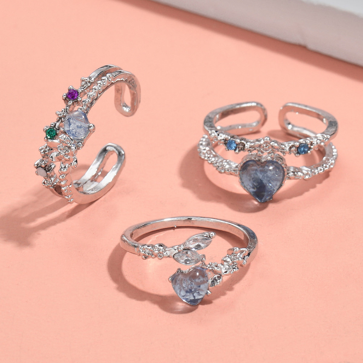 OPEN RINGS AQUA BLUE HEART MOONLIGHT ZIRCON OPEN RING WOMENS NICHE INDEX FINGER RING DELICATE ADJUSTABLE RING