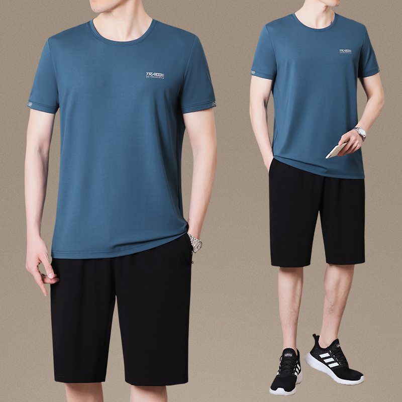 爸爸夏装套装时尚中老年人男装运动休闲父亲夏季冰丝男士短袖t恤