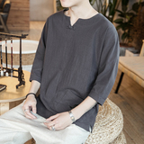 587P45咖啡厅风潮流时尚V领盘扣仙鹤绣花百搭七分袖T恤，男装T恤，电商A026