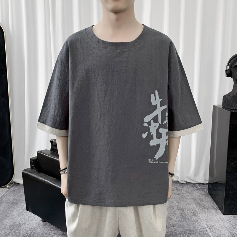 T8887 P45 短句风 印花宽松撞色拼接体恤学生棉麻T恤七分袖风图片